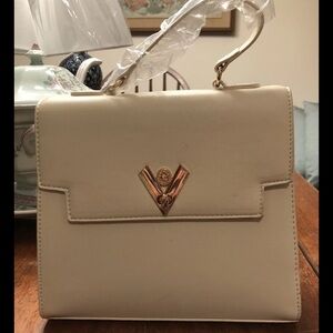 Valentino Orlandi V Taupe Vegan Leather Cream Satchel Bag Long Strap Wallet $109